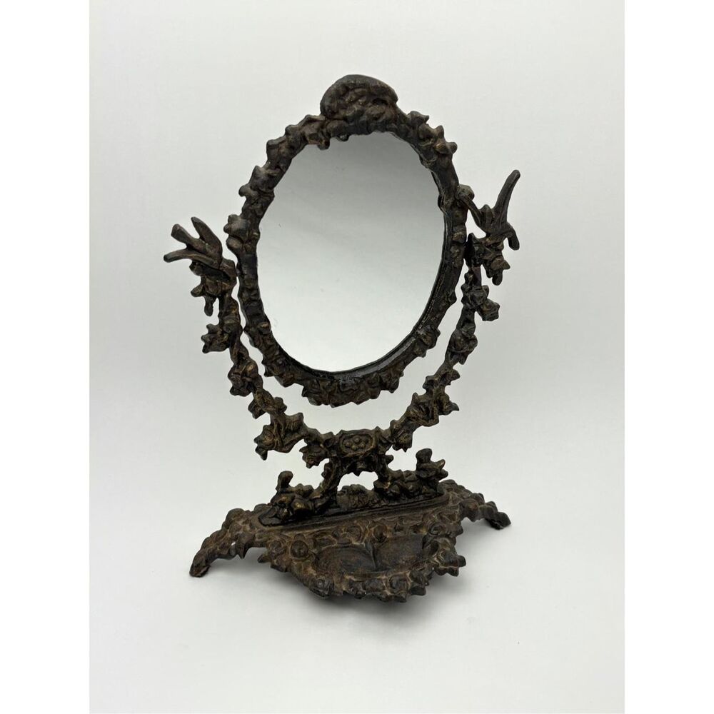 Vtg Victorian Cast Iron Vanity Tabletop Oval Mirror Ornate Swivel Trinket Dish V